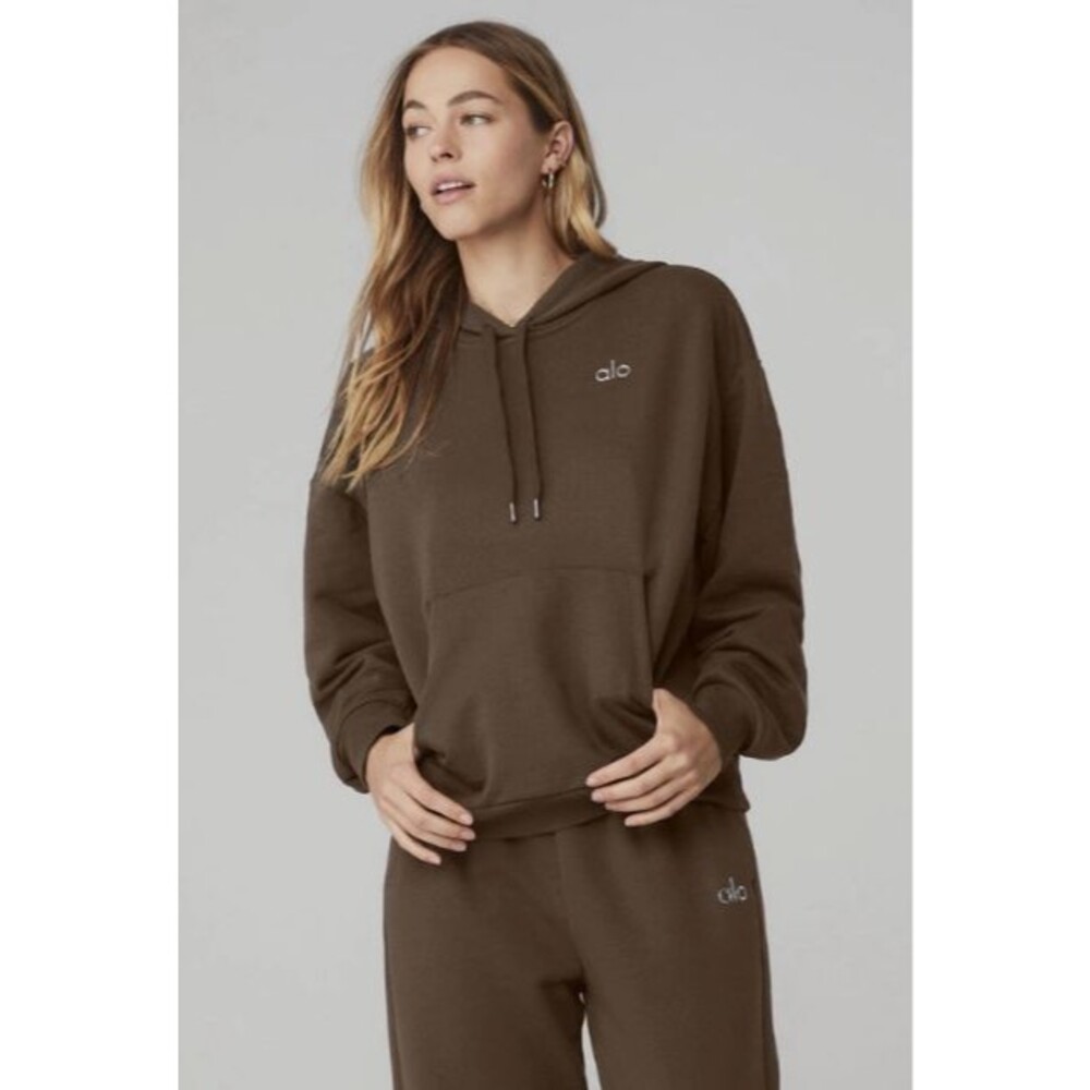Alo Yoga Accolade Hoodie Espresso Brown Pullover Sweatshirt - Picture 2 of 5
